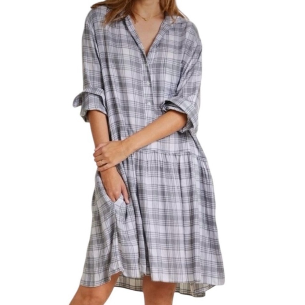 Grayson The Changemaker Plaid Drop Waist Lyocell Long Sleeve‎ Shirt Midi Dress 3